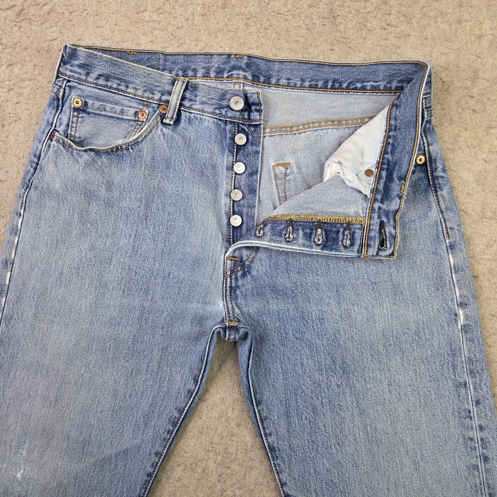 Levis 501 Original Fit Jeans Mens 34x34 Blue Medium Wash Distressed Ripped Denim